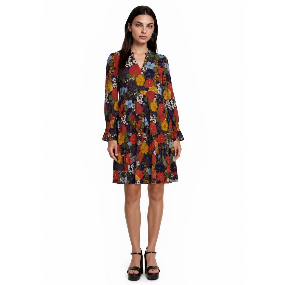 Jude Connally Multi Floral Tiered Dress Women's Size Large Smocked Long Sleeve